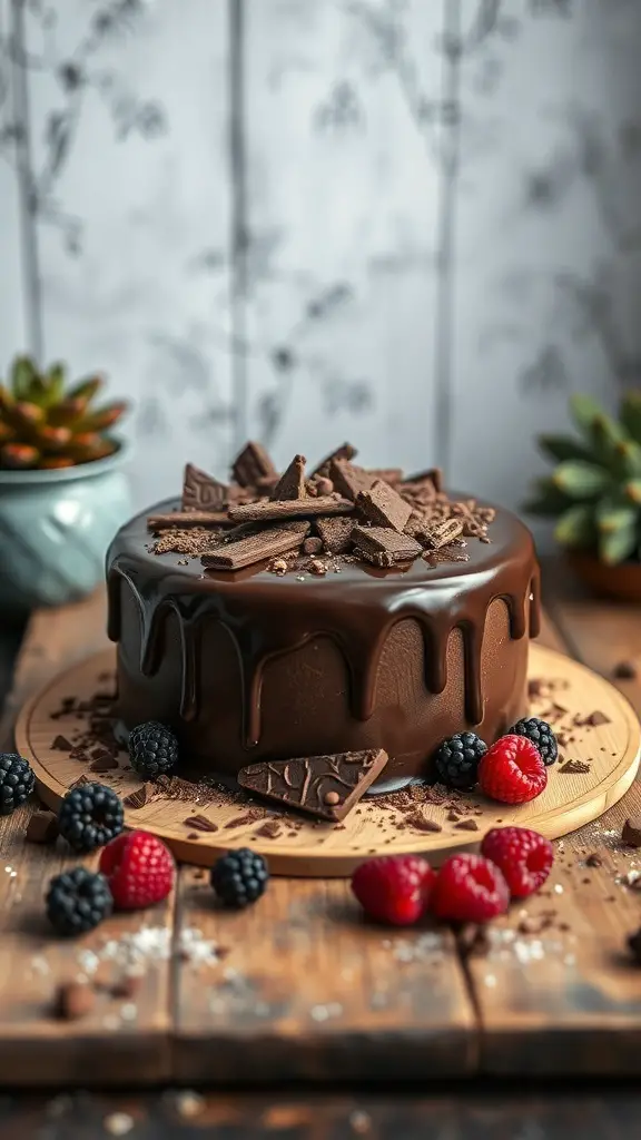 A rich chocolate ganache cake topped with chocolate pieces and fresh berries