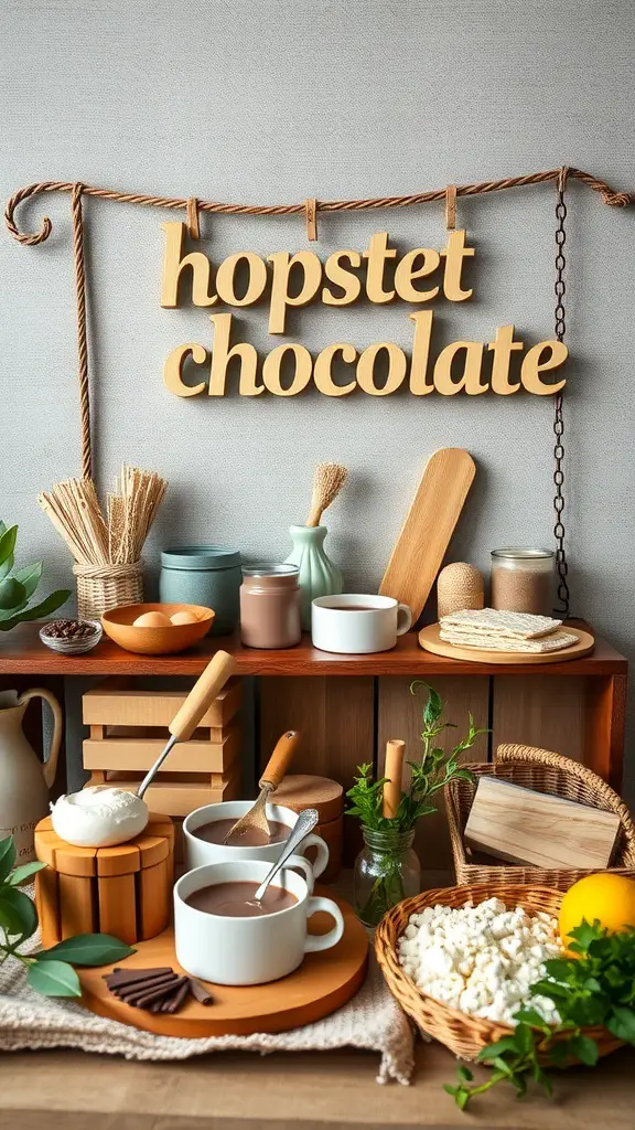 A beautifully arranged hot chocolate bar with various ingredients and decorations.