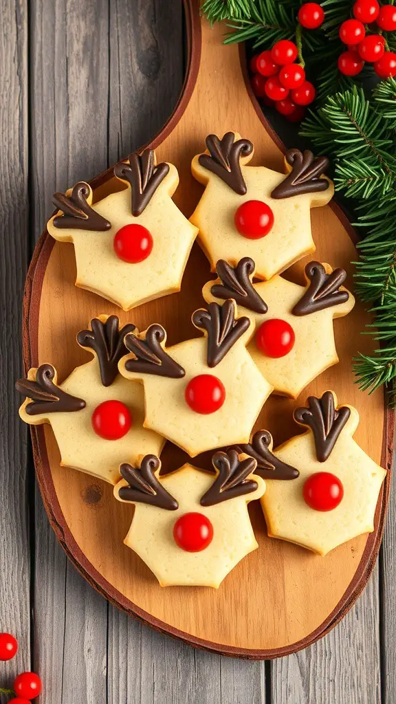 A plate of reindeer-shaped cookies with red noses and chocolate antlers, decorated for Christmas.