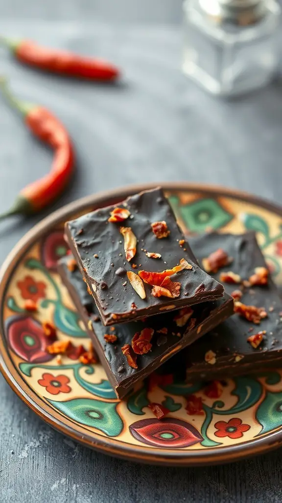 A plate of spicy chili chocolate bark with red chili peppers in the background.