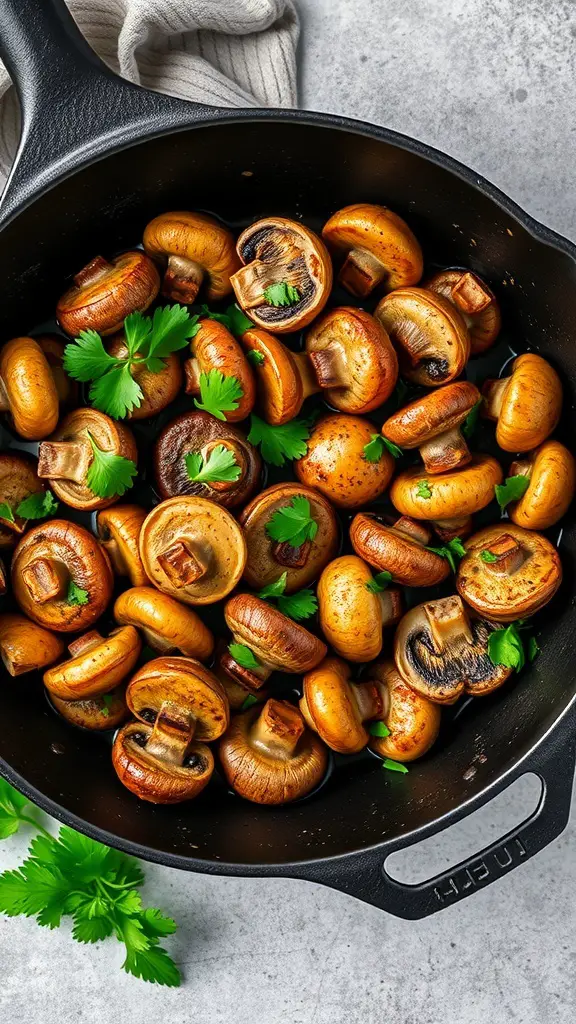 A pan of garlic butter mushrooms garnished with parsley