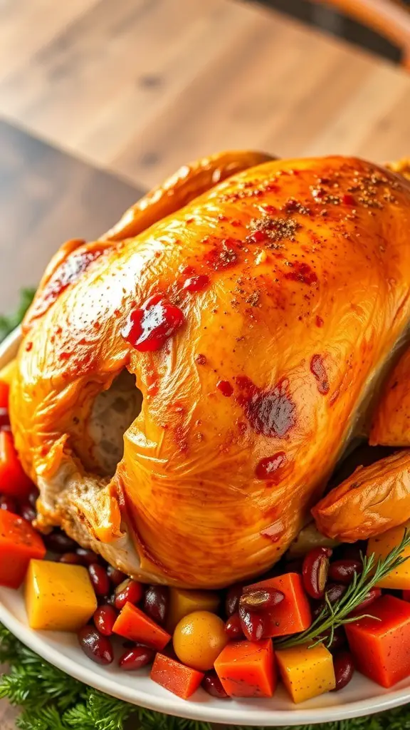 A roasted stuffed turkey with cranberry sauce and colorful vegetables on a platter.