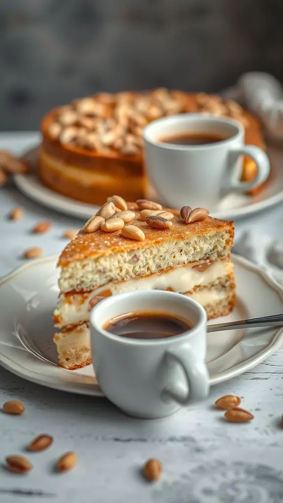 A slice of Torta della Nonna with a cup of coffee beside it, garnished with pine nuts.
