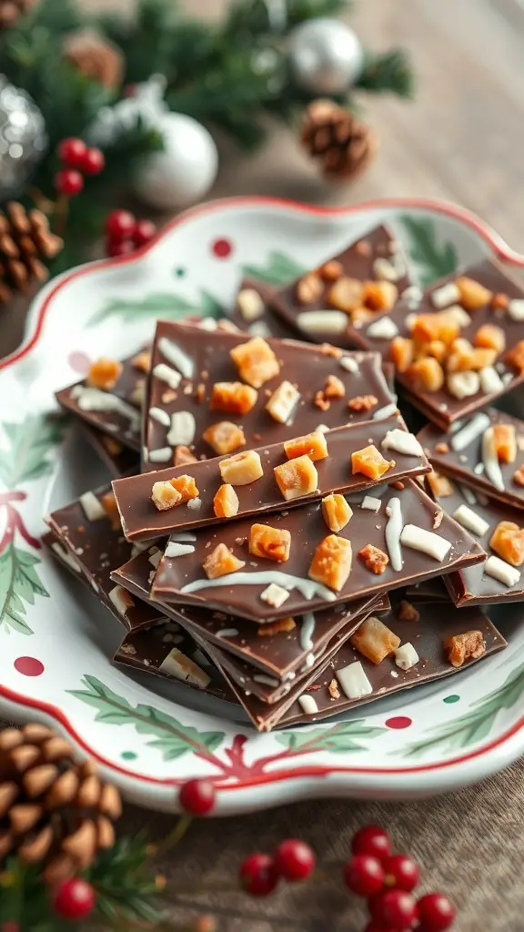 A festive platter of Toffee Crunch Milk Chocolate Bark topped with toffee bits and white chocolate drizzle.