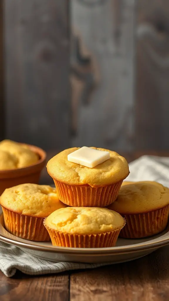 A plate of cornbread muffins topped with butter, set against a rustic wooden background.