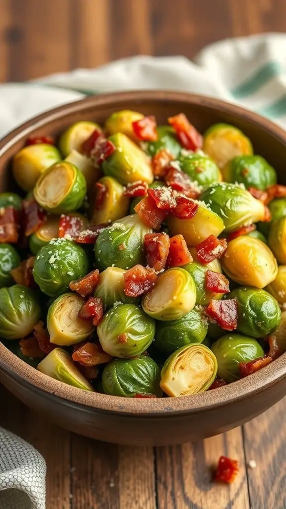 A bowl of Brussels sprouts with crispy bacon pieces on top.