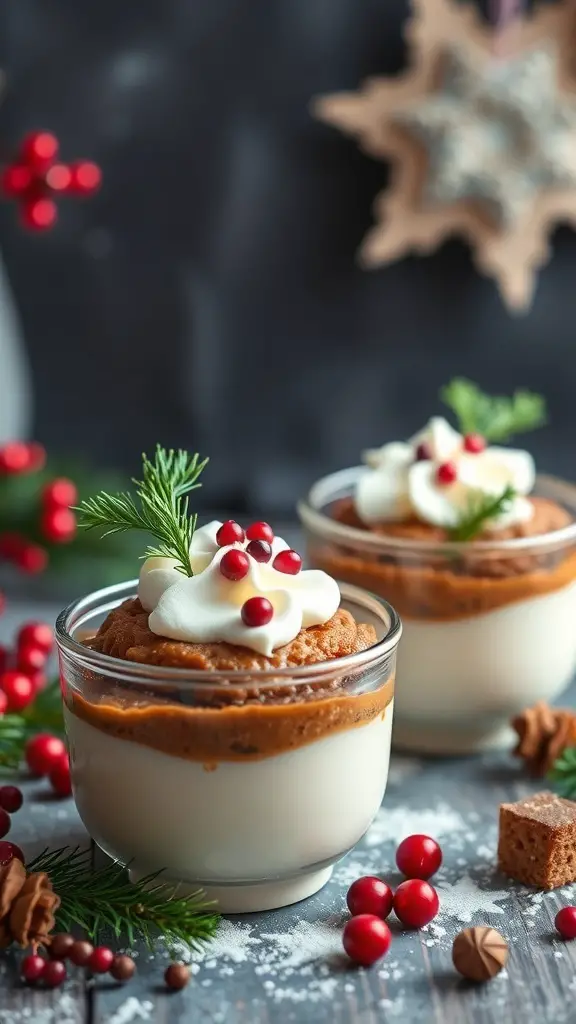 Two Christmas pudding cups topped with whipped cream and red berries, surrounded by festive decorations.