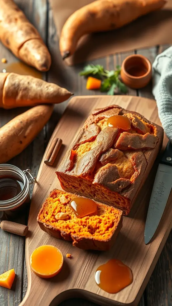 A loaf of sweet potato and maple bread on a wooden cutting board, with sweet potatoes and syrup around it.