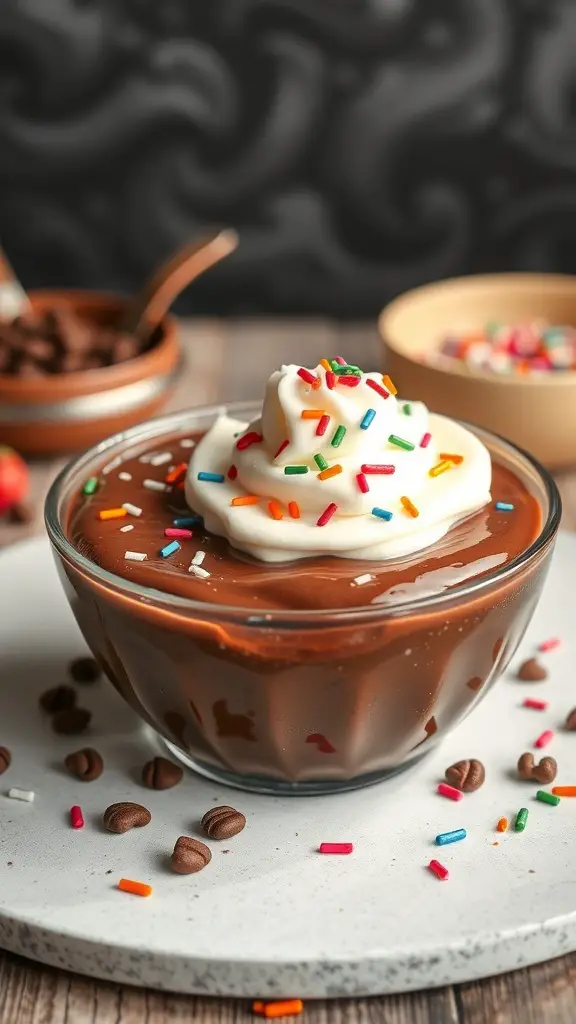 A bowl of Sanguinaccio chocolate pudding topped with whipped cream and colorful sprinkles.