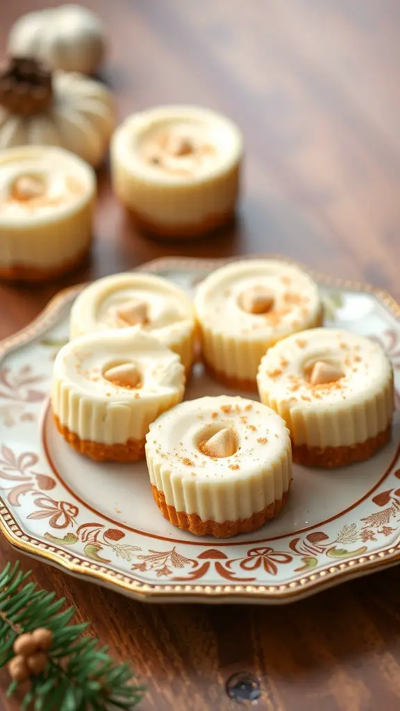 A plate of eggnog cheesecake bites decorated with nutmeg and a festive design.