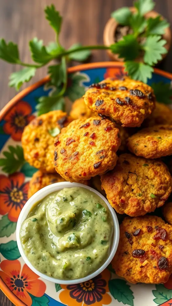 A plate of crispy paneer fritters with a bowl of green chutney