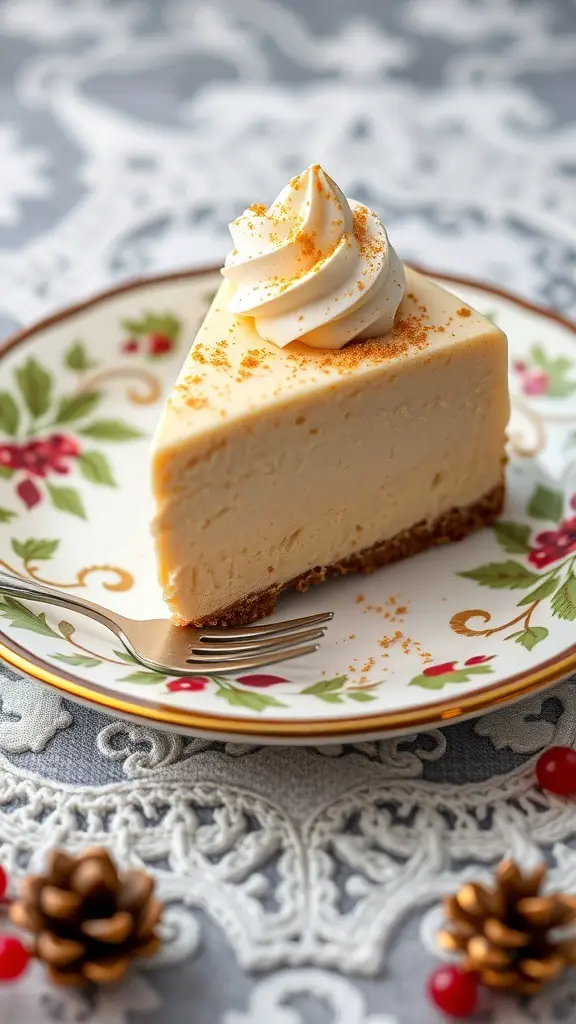 A slice of eggnog cheesecake on a decorative plate with whipped cream and nutmeg topping.