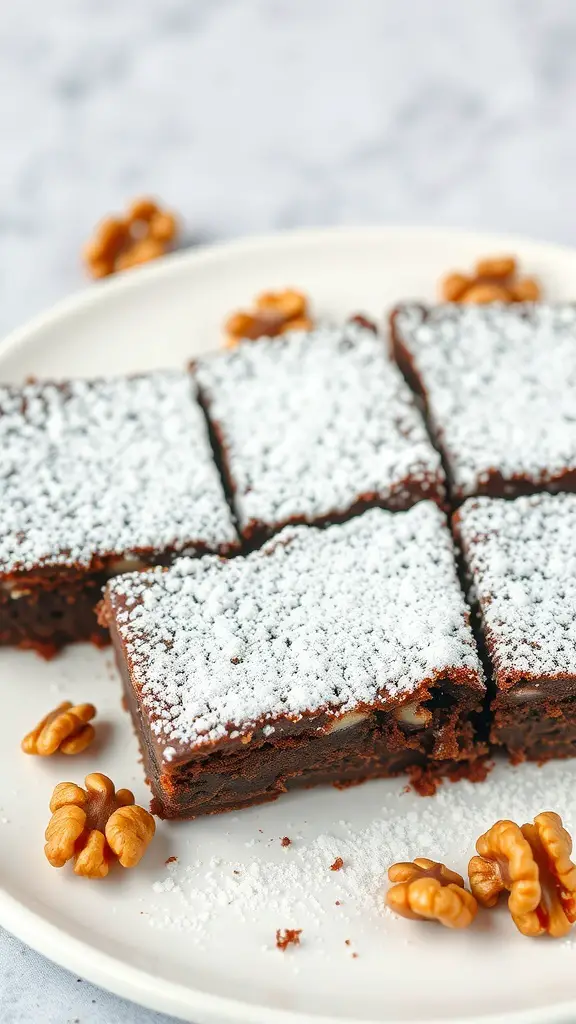A plate of fudgy brownies with walnuts, dusted with powdered sugar.