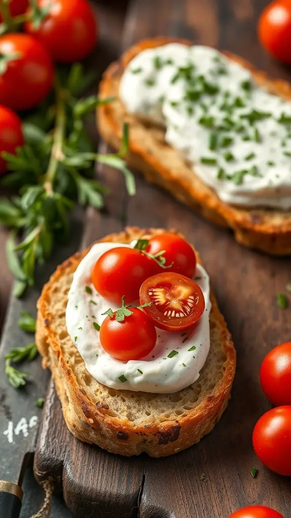 Toasted bread topped with herbed goat cheese and cherry tomatoes