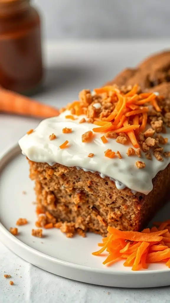 A slice of carrot cake bread topped with cream cheese frosting and carrot shavings on a white plate.