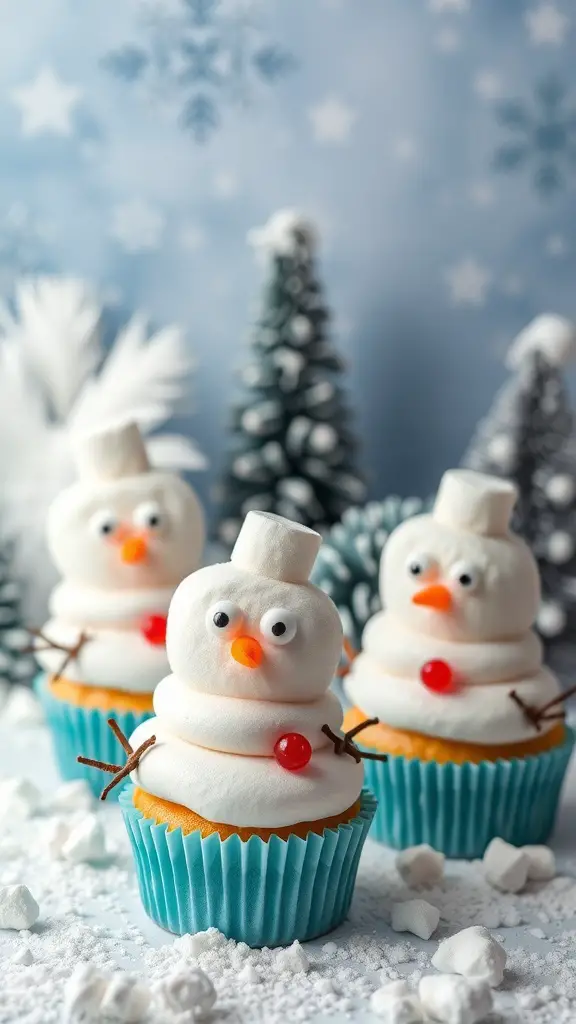 Three snowman cupcakes with marshmallow hats and colorful decorations