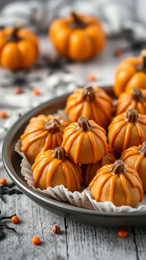 A plate of pumpkin-shaped truffles decorated with orange icing and chocolate stems, surrounded by Halloween-themed decorations.