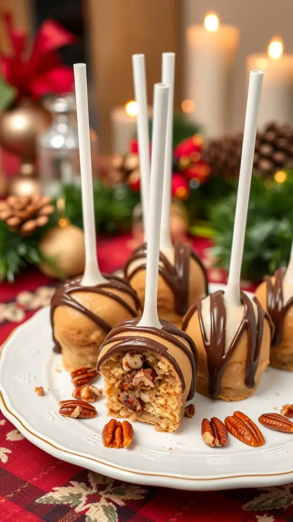 A plate of caramel pecan cake pops decorated with chocolate and pecans, set against a festive background.