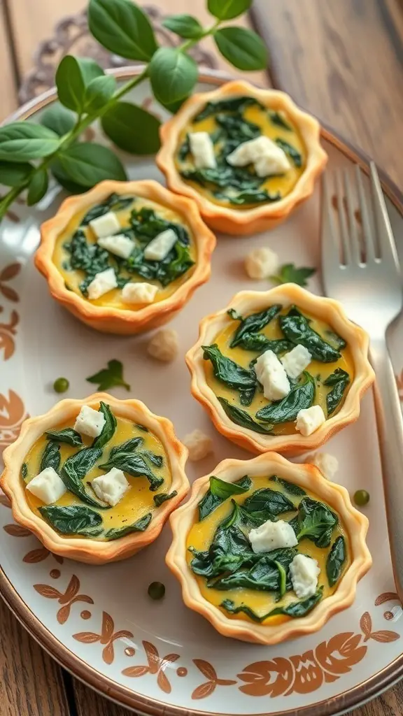A platter of mini quiches filled with spinach and feta cheese, garnished with fresh herbs.