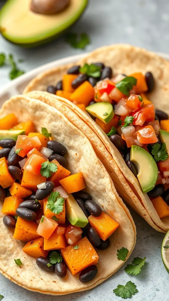 Butternut squash and black bean tacos with fresh toppings