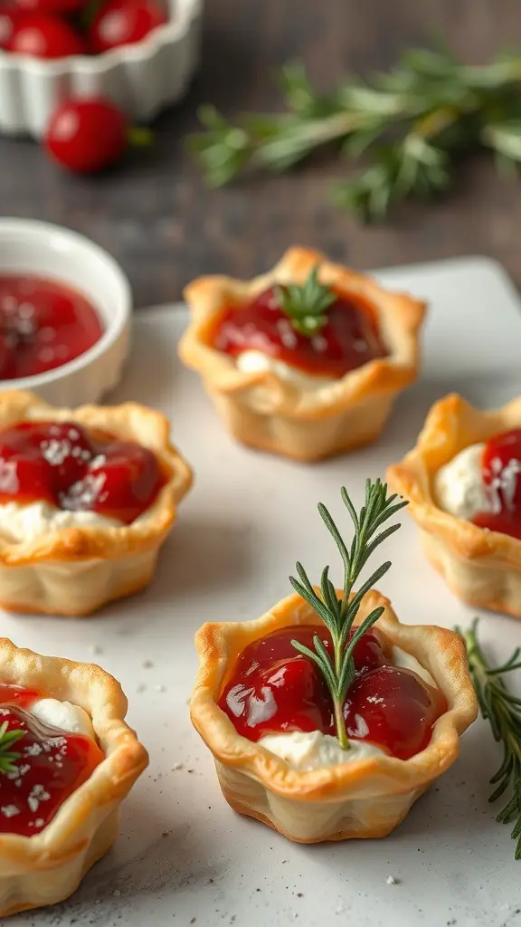 Cranberry Brie Bites topped with cranberry sauce and rosemary