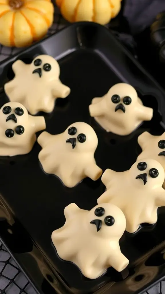 A plate of ghost-shaped cheese balls with black olive eyes, perfect for Halloween.