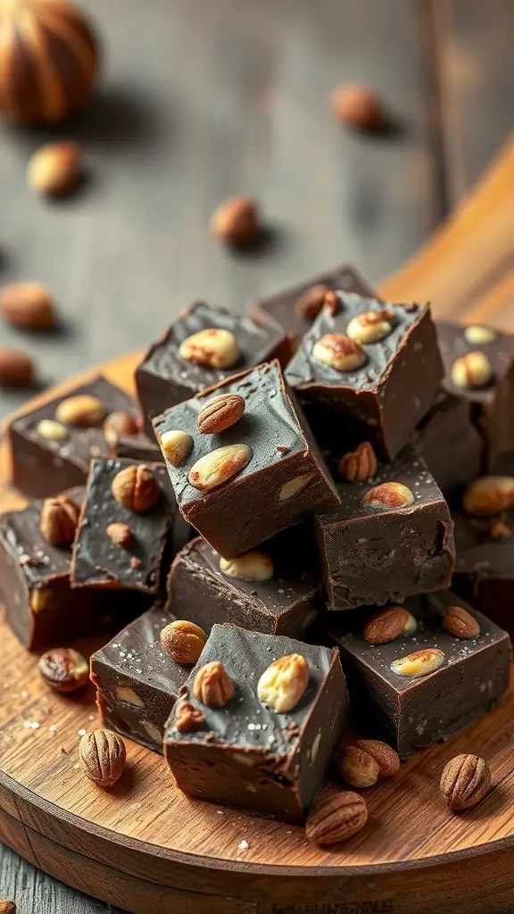 A pile of dark chocolate fudge squares topped with various nuts on a wooden platter.