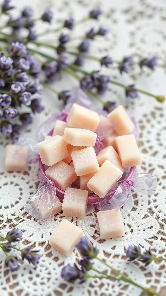 Lavender infused hard candy in a pink bowl with lavender flowers