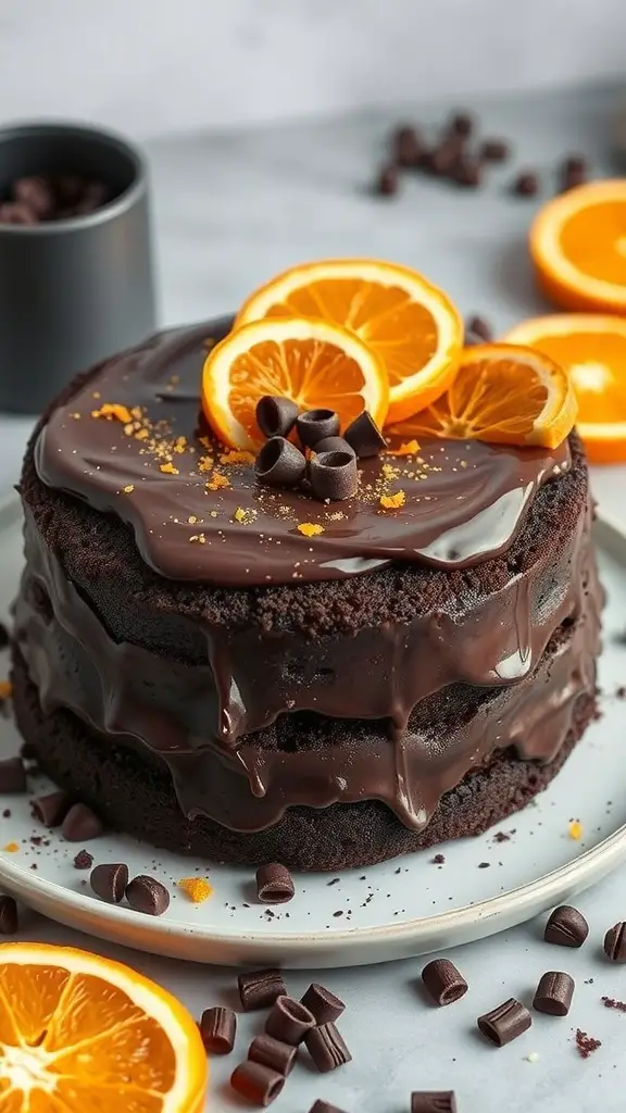 A beautifully layered dark chocolate cake topped with orange slices and chocolate shavings.