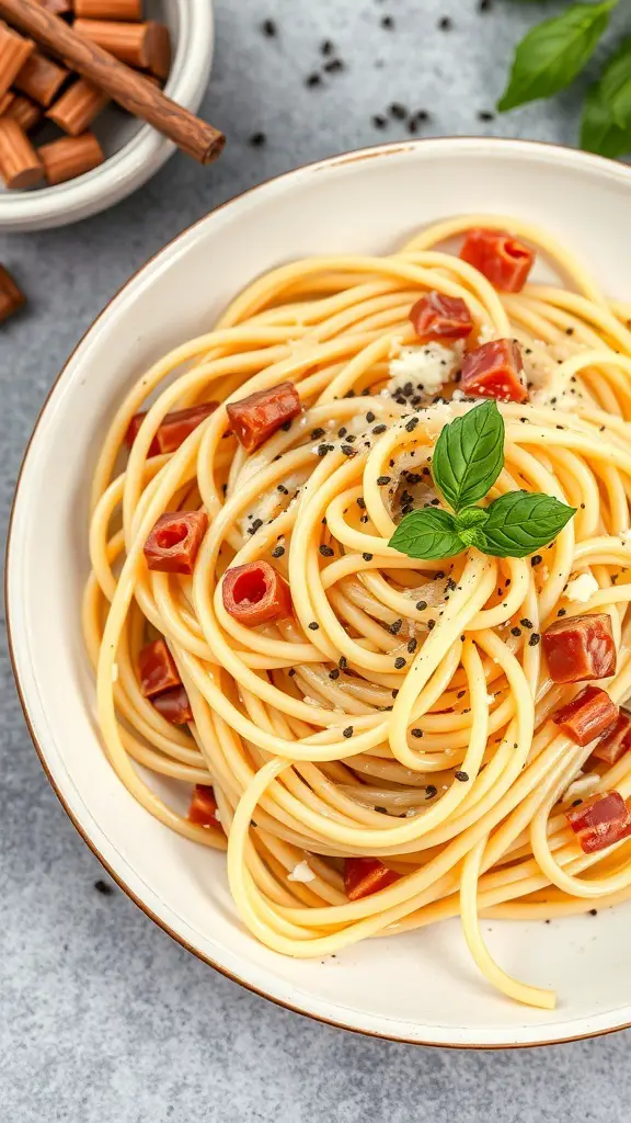 A plate of spaghetti Carbonara with pancetta, garnished with herbs.