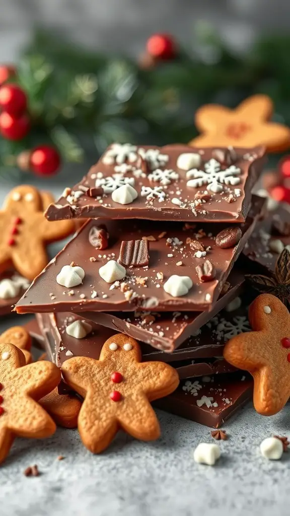 A stack of gingerbread spice chocolate bark with gingerbread cookies and festive decorations.