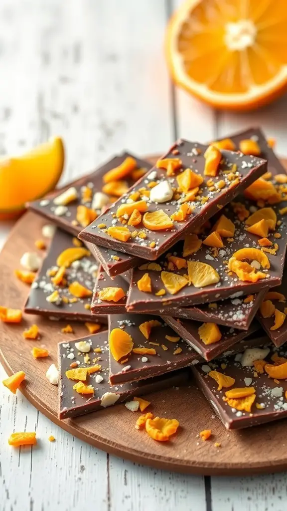 A stack of orange zest chocolate bark pieces on a wooden platter, garnished with orange zest and white chocolate.