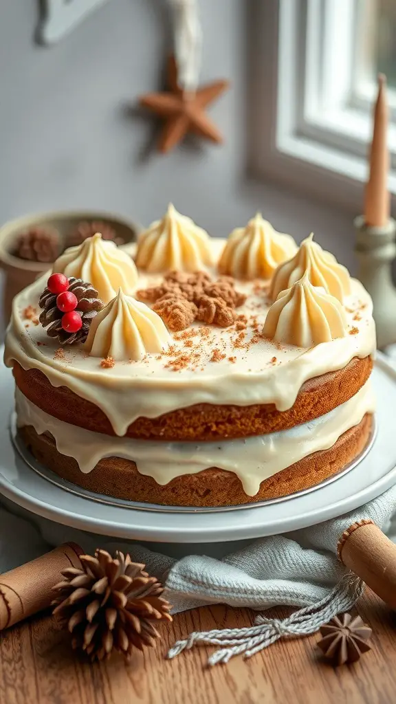 A beautifully decorated Nutmeg and Eggnog Cake with frosting and festive decorations.