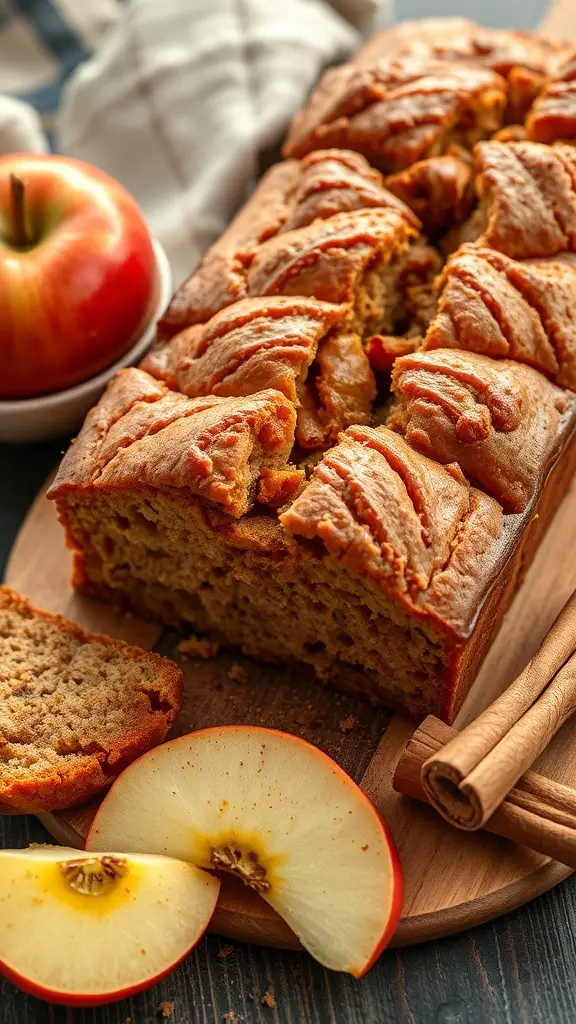 A loaf of spiced apple bread with slices and fresh apples beside it.