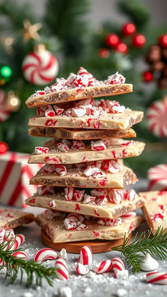 A stack of peppermint bark cookies with crushed candy canes on top, surrounded by festive decorations.