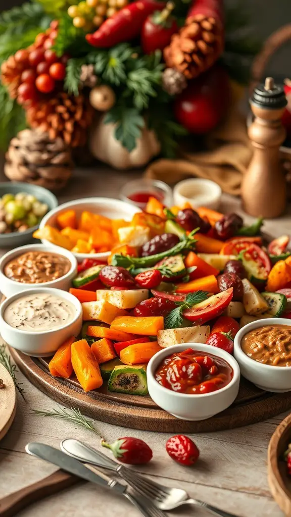 A colorful roasted vegetable platter with various dips, perfect for a Christmas party.