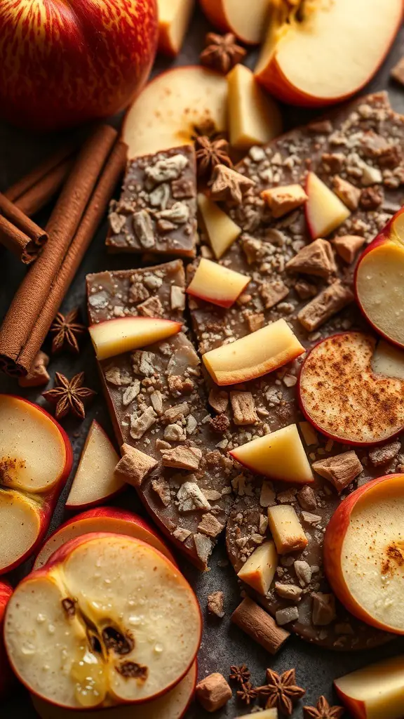 A delicious display of spiced apple cider bark with apple slices and cinnamon sticks.