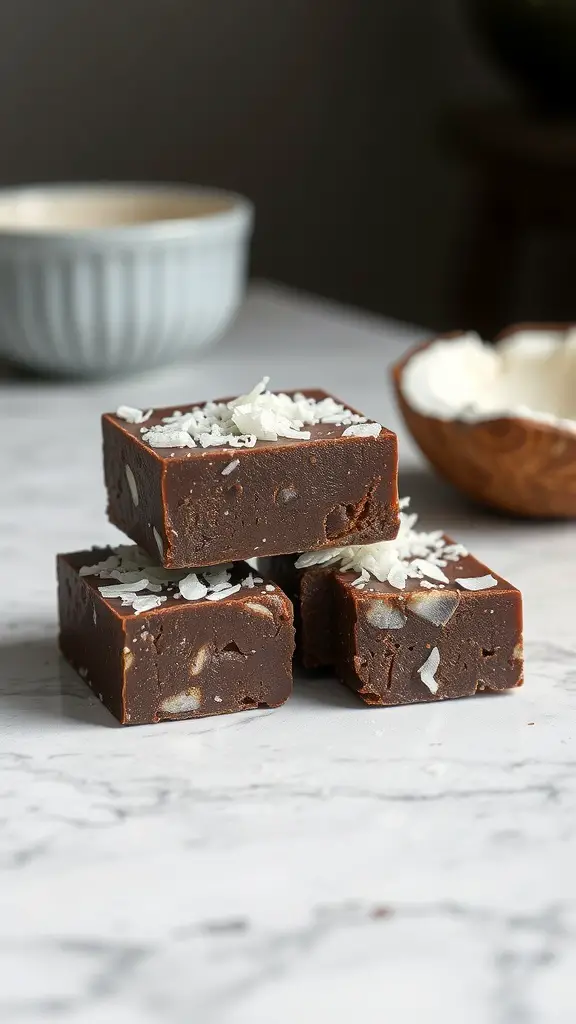 Vegan dark chocolate fudge squares topped with coconut flakes on a marble surface.