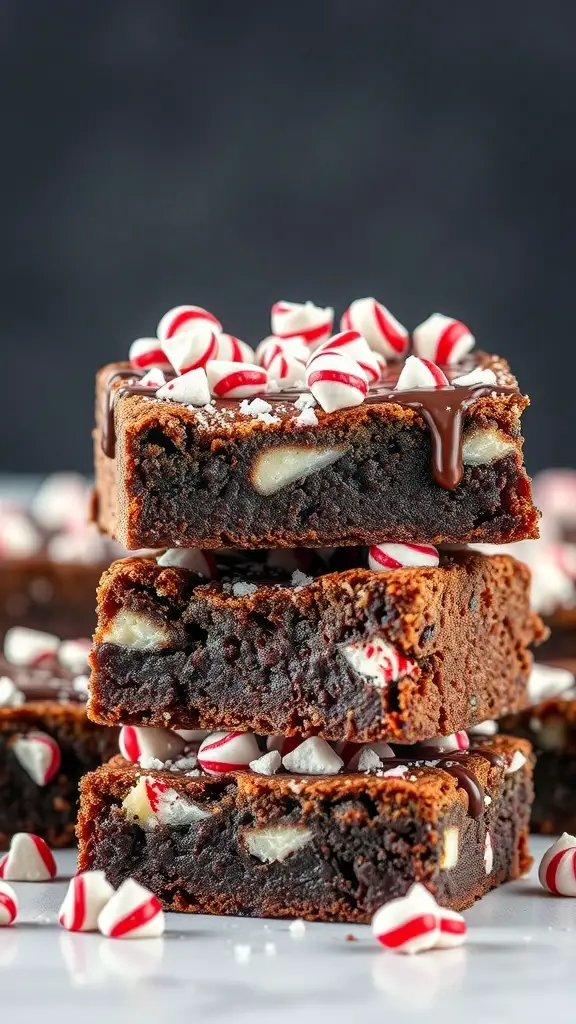 A stack of Peppermint Bark Brownies topped with crushed peppermint candies