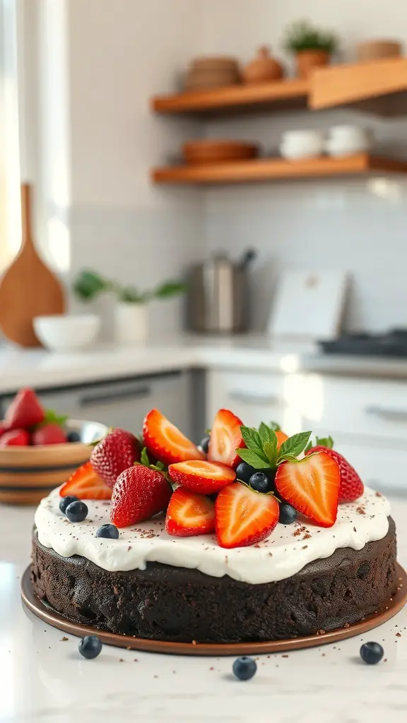 A vegan dark chocolate cake topped with strawberries and blueberries on a kitchen counter