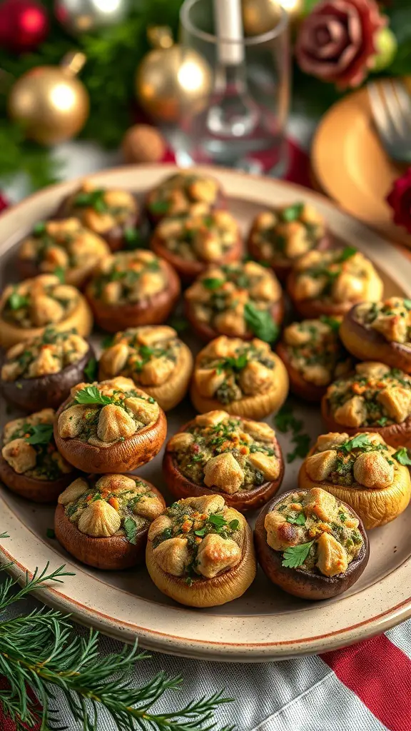 A platter of stuffed mushrooms decorated for the holidays