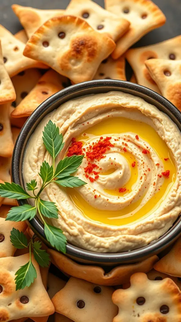 A bowl of roasted garlic hummus topped with olive oil and paprika, surrounded by crispy pita chips.