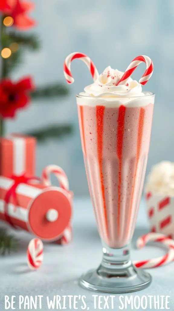 A festive Candy Cane Smoothie topped with whipped cream and candy canes, surrounded by holiday decorations.
