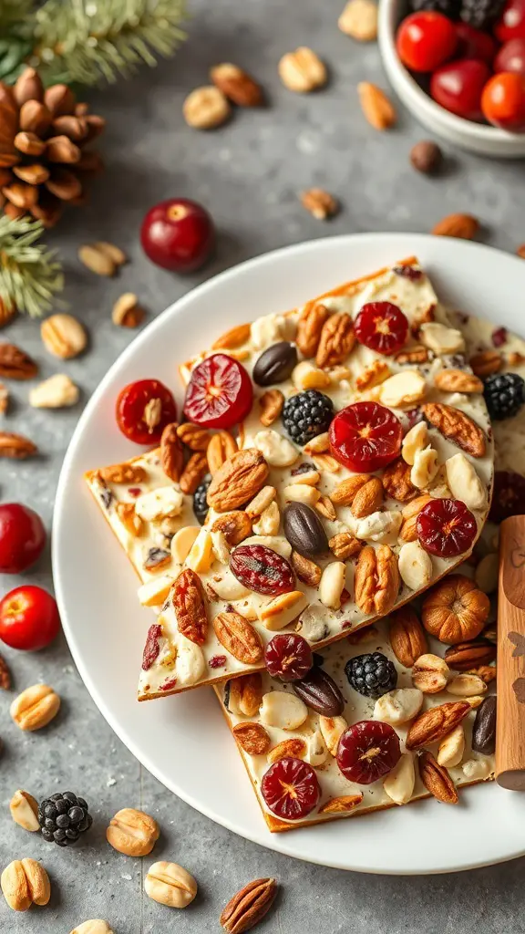 A plate of fruit and nut holiday bark with nuts and berries scattered around.
