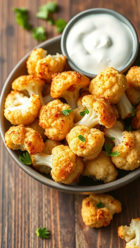 Bowl of crispy garlic parmesan cauliflower bites with a creamy dip