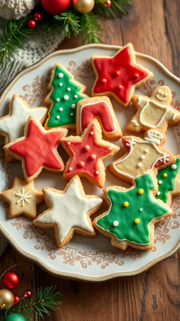 A plate of colorful shortbread cookies shaped like stars, Christmas trees, and gingerbread figures, decorated with icing.