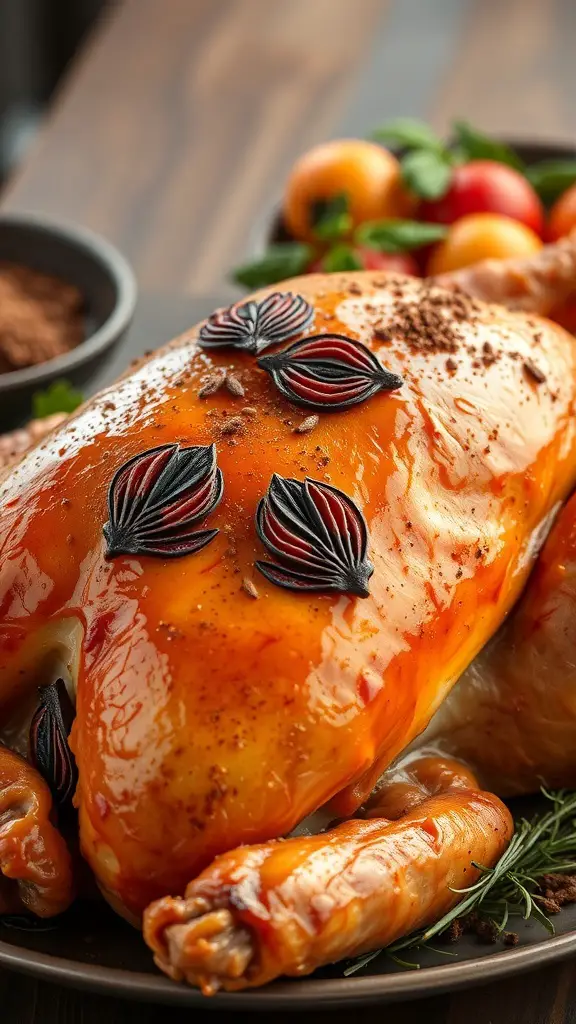 A beautifully roasted turkey with smoked paprika and star anise garnishes.
