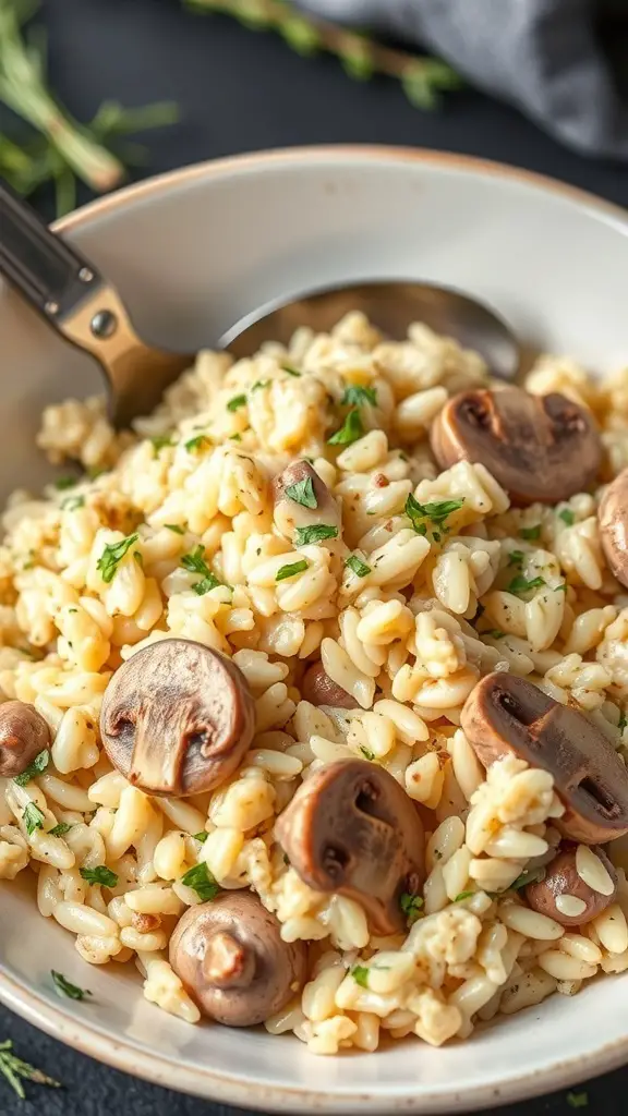 A bowl of creamy turkey and mushroom risotto garnished with parsley.