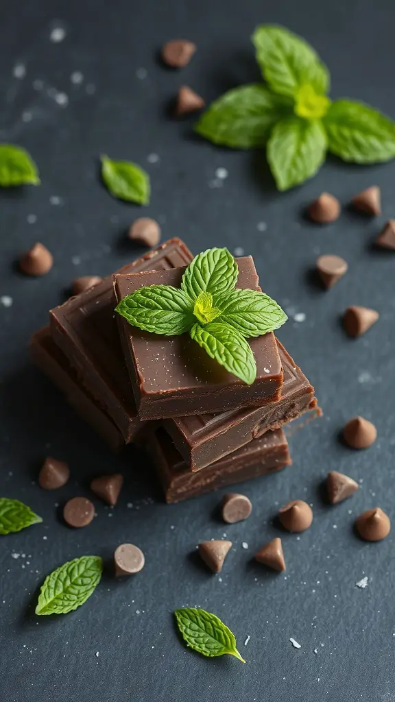 Mint infused dark chocolate fudge with fresh mint leaves