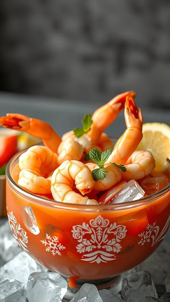 A bowl of shrimp cocktail with zesty sauce, garnished with lemon and herbs, served over ice.